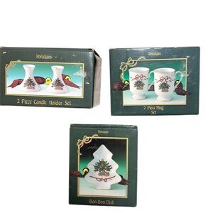 Vintage Sanyei Japan Christmas Porcelain Mug Candle Holder Dish Set